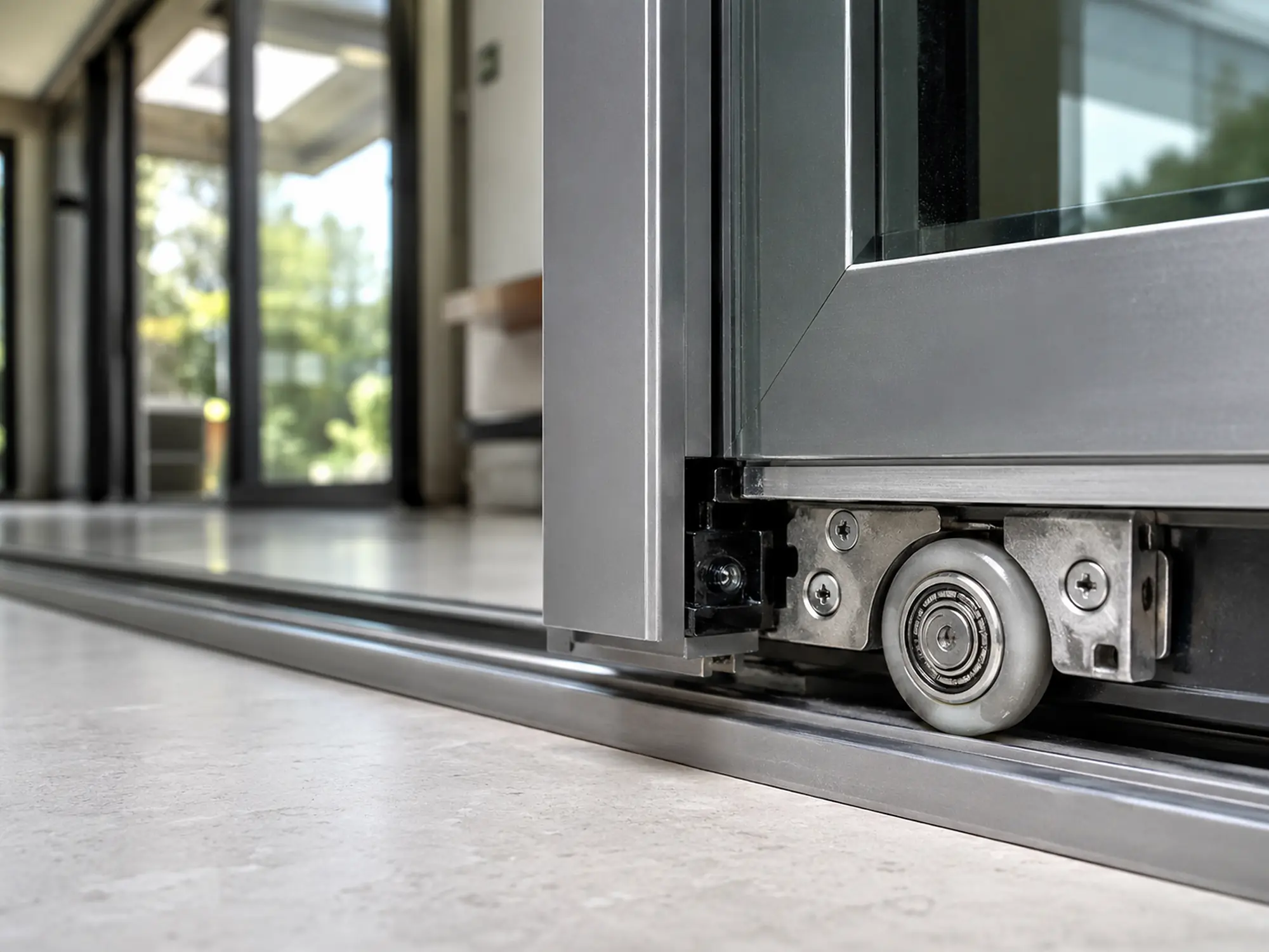 Sliding door roller bearing running on an aluminium track