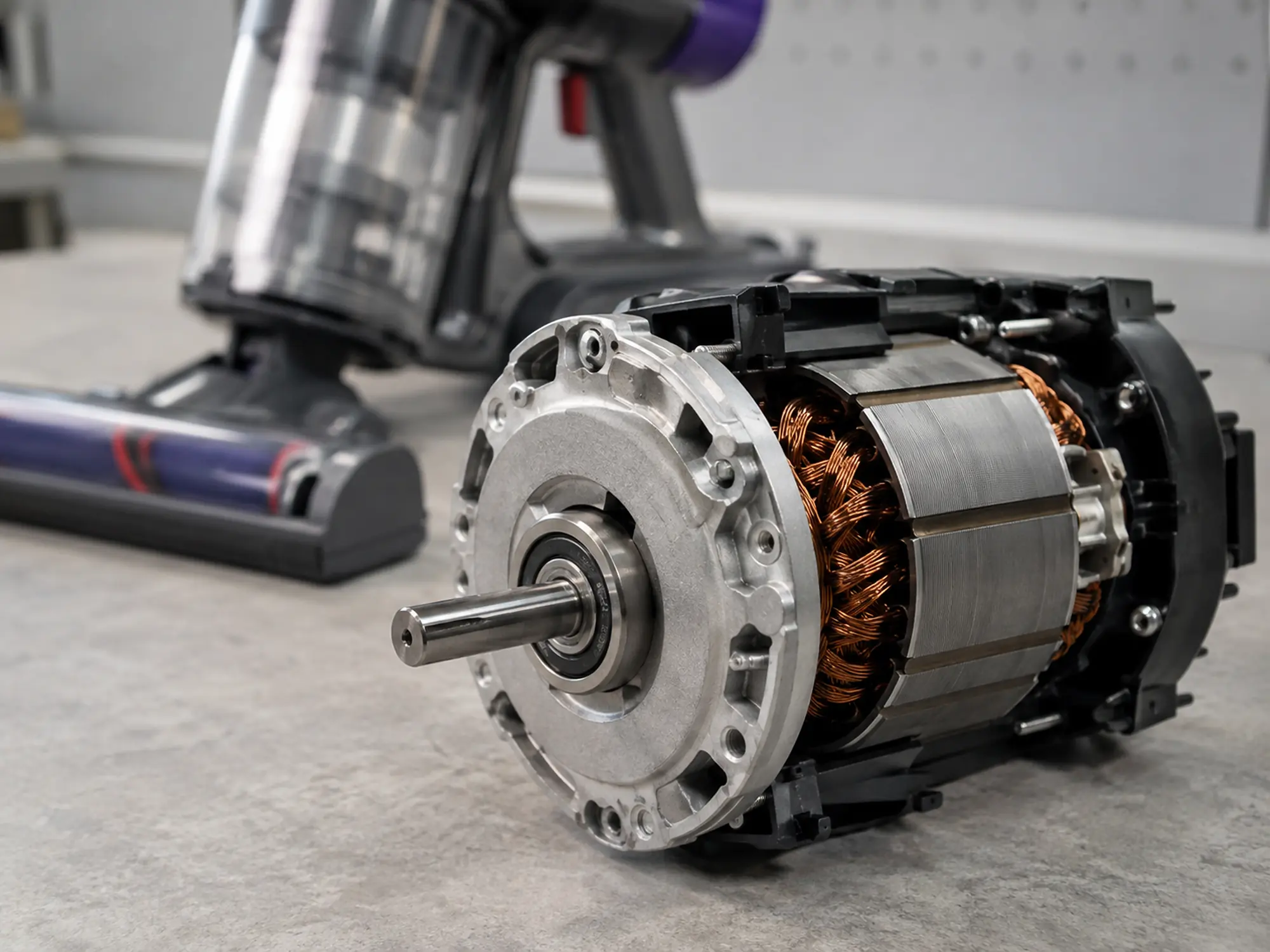 Vacuum cleaner motor assembly with the front shaft bearing visible
