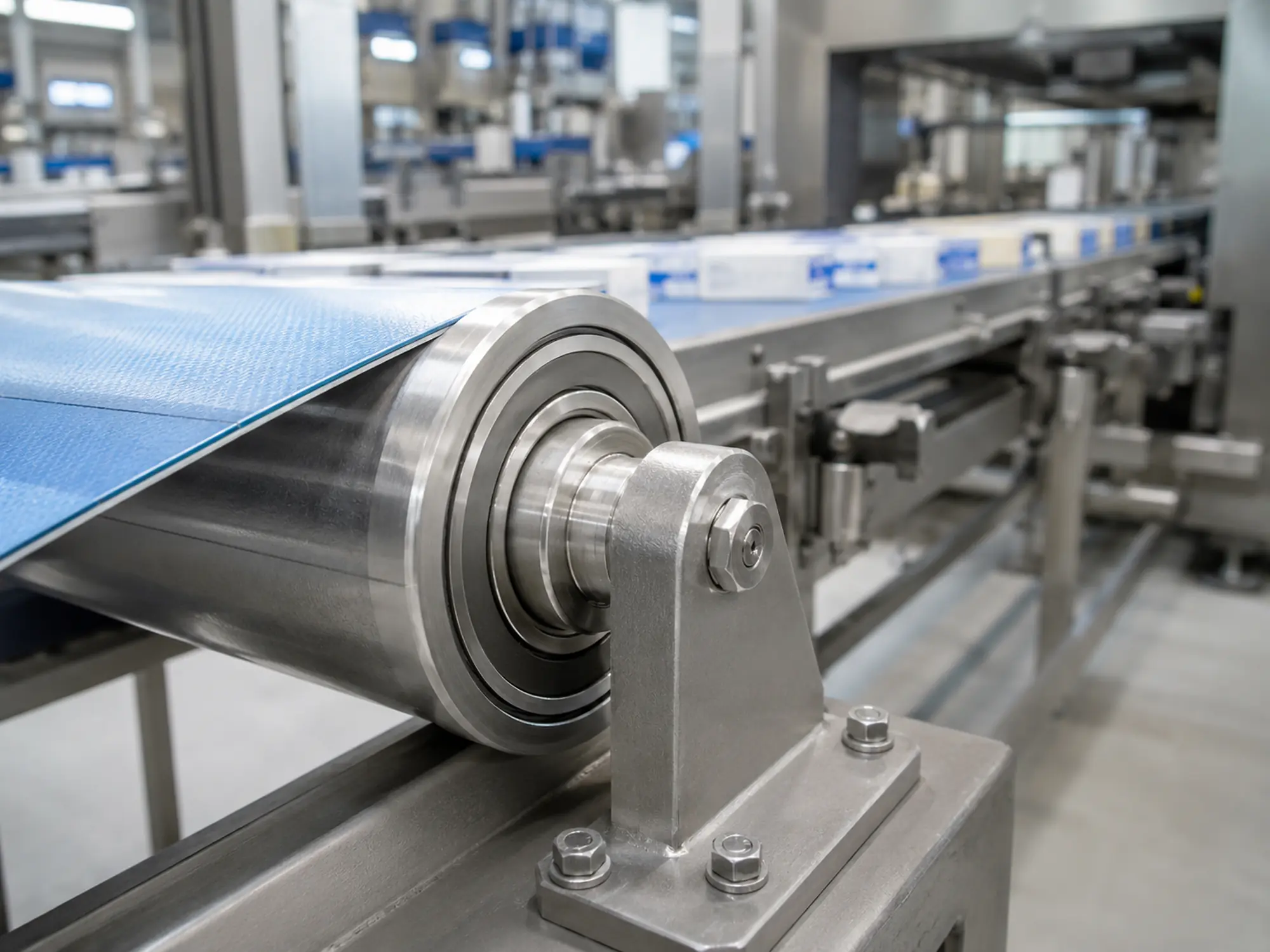 Industrial conveyor end roller and bearing support in an automated line