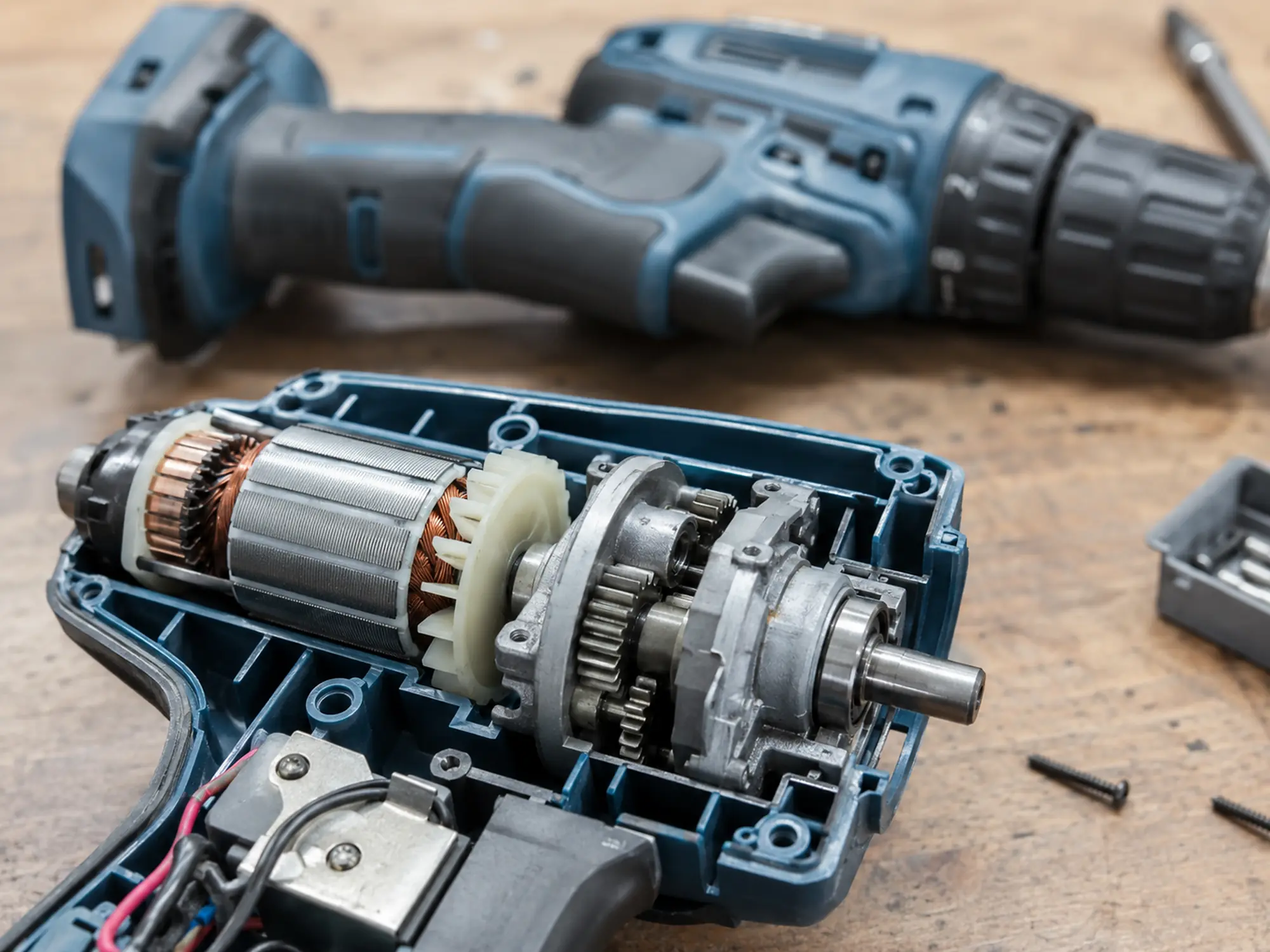 Opened cordless drill showing motor, gearbox, shaft and bearings
