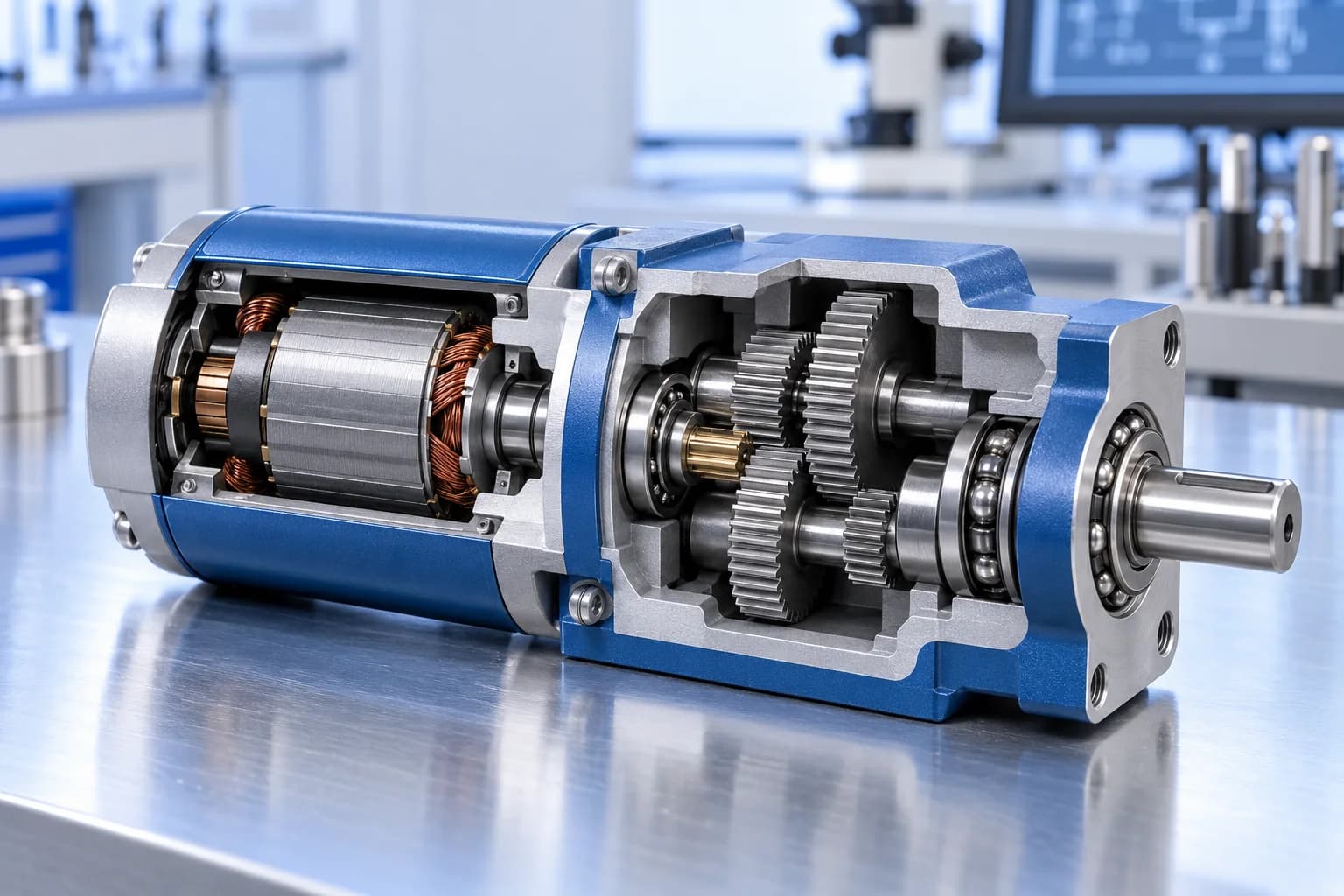 Compact electric gearmotor cutaway showing gears and output bearings