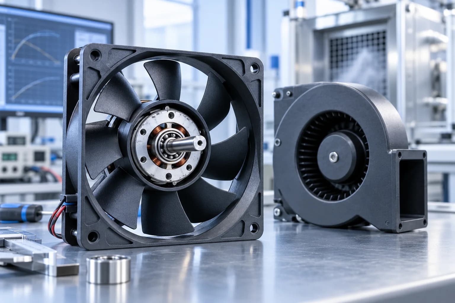 Cooling fan and blower motor assemblies showing miniature bearing support