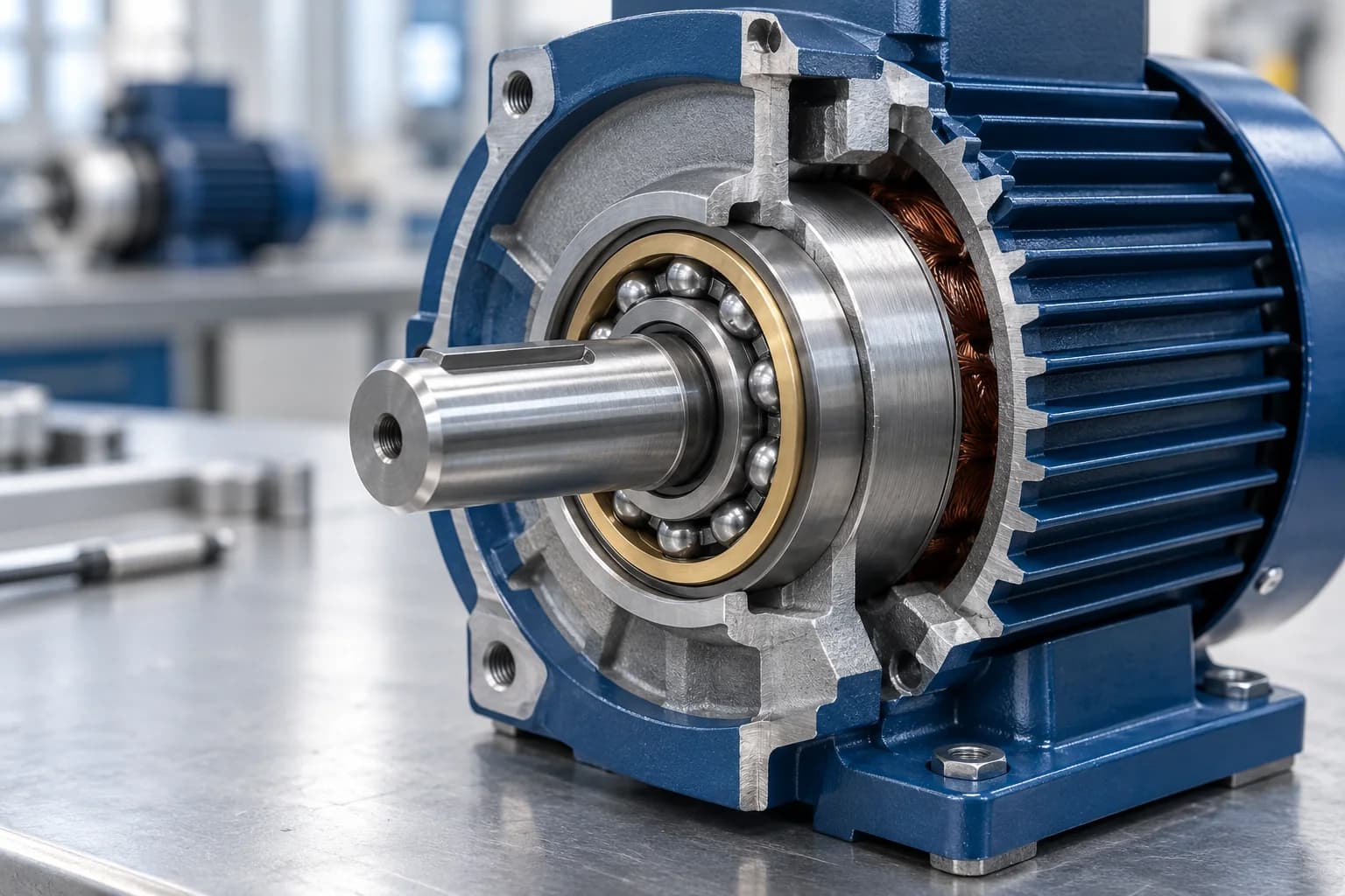 Cutaway drive end of a compact electric motor showing the shaft bearing