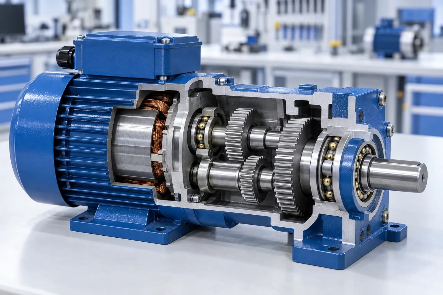 Compact gearmotor cutaway showing gear-shaft and output-shaft bearings
