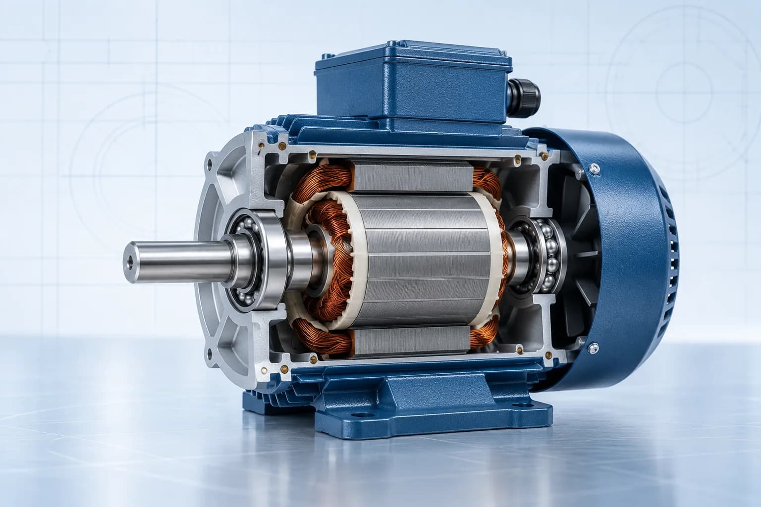 Compact electric motor cutaway showing drive-end and non-drive-end shaft bearings