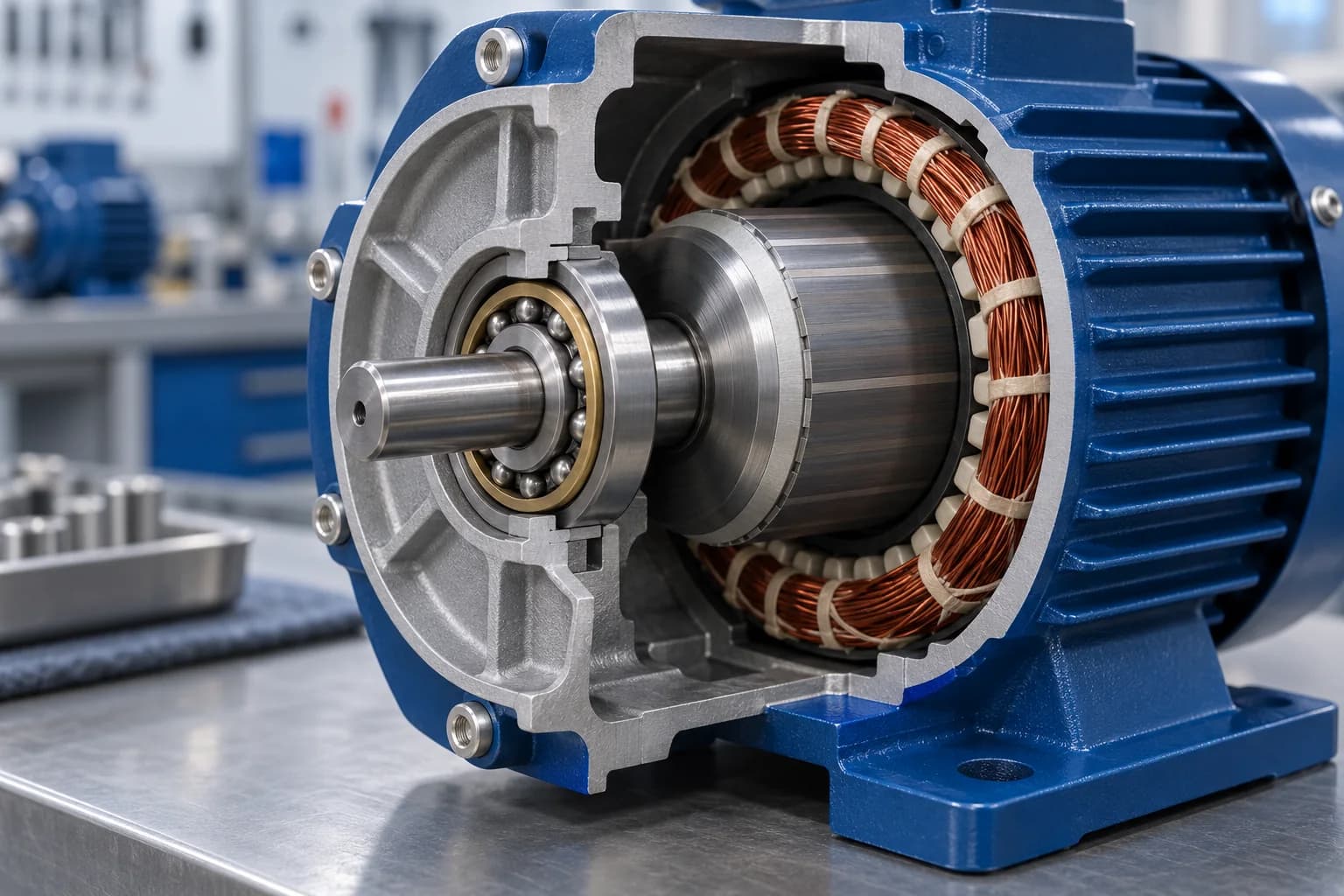 Compact electric motor cutaway showing the non-drive-end rotor bearing