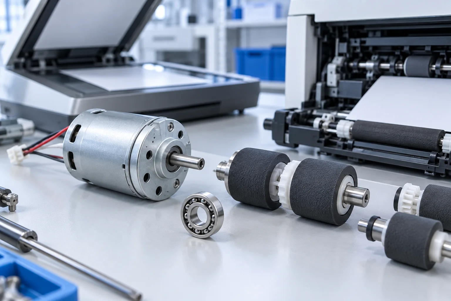 Office automation motor and bearing-supported paper feed rollers