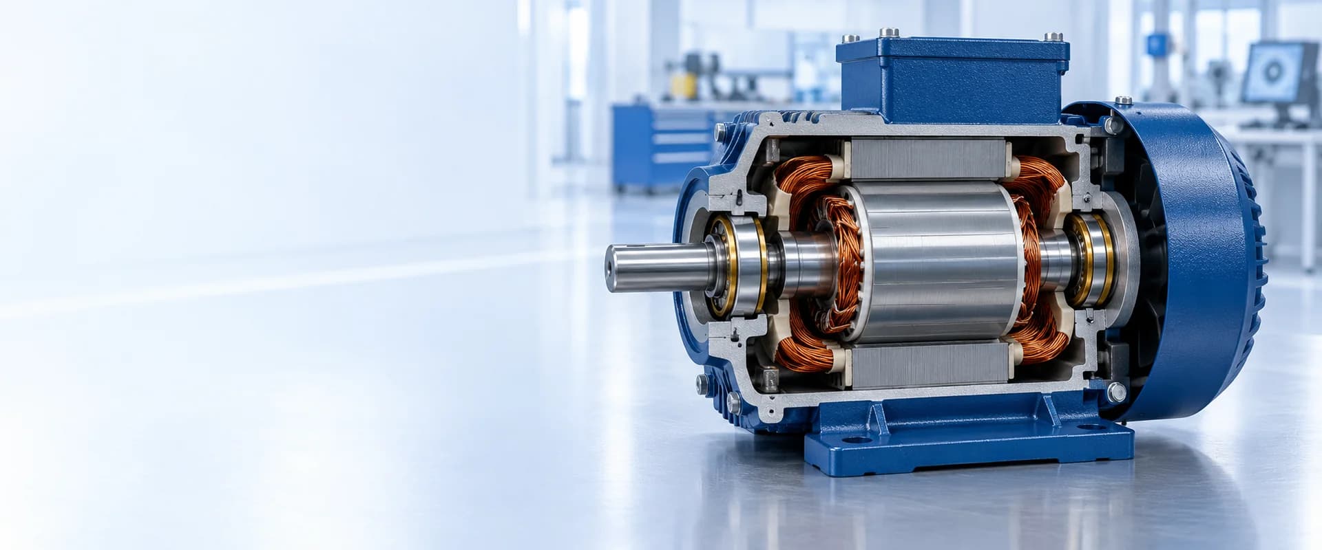 Wide cutaway of a compact electric motor showing its rotor, stator and shaft bearings