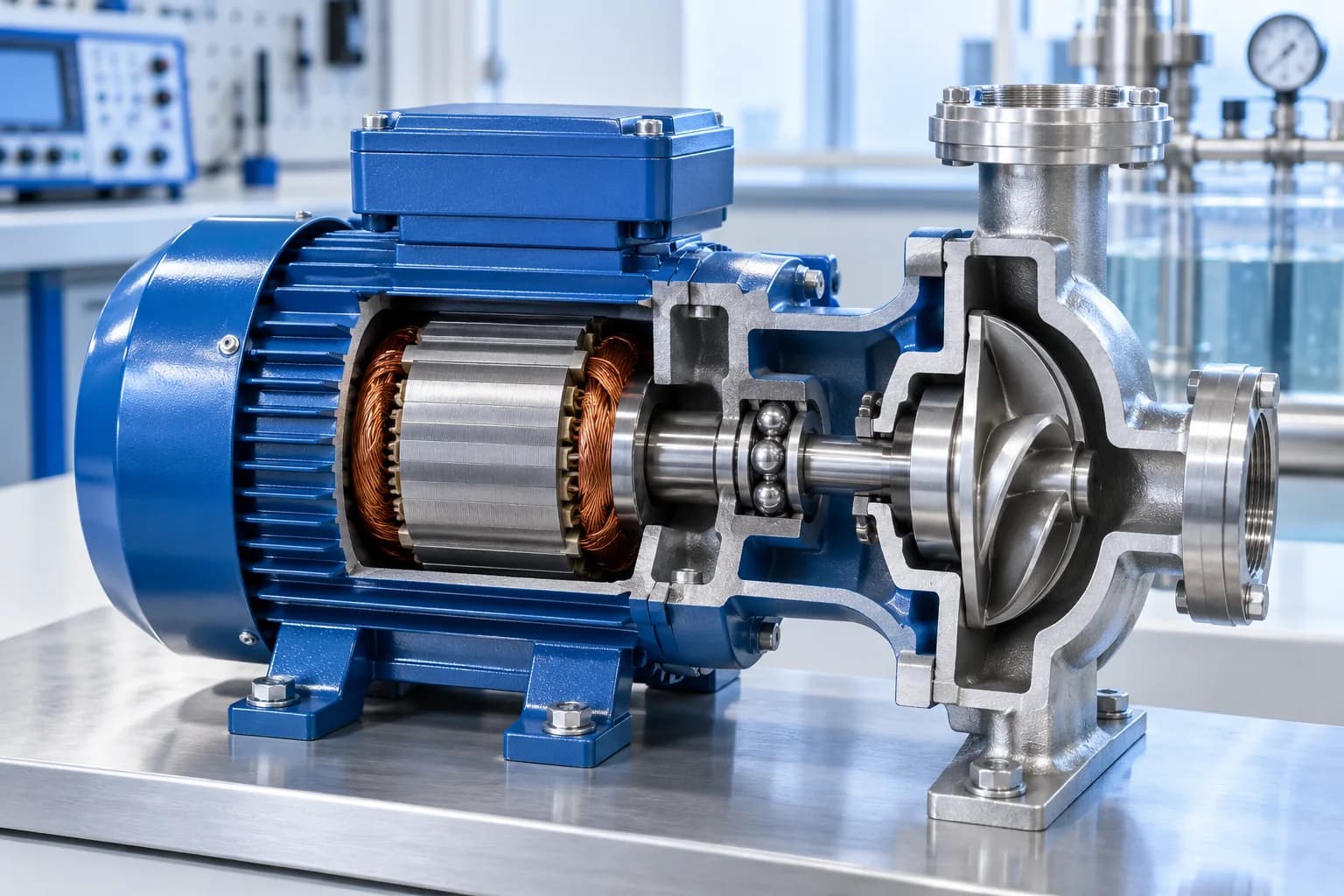Small electric pump motor cutaway showing shaft bearing and impeller coupling
