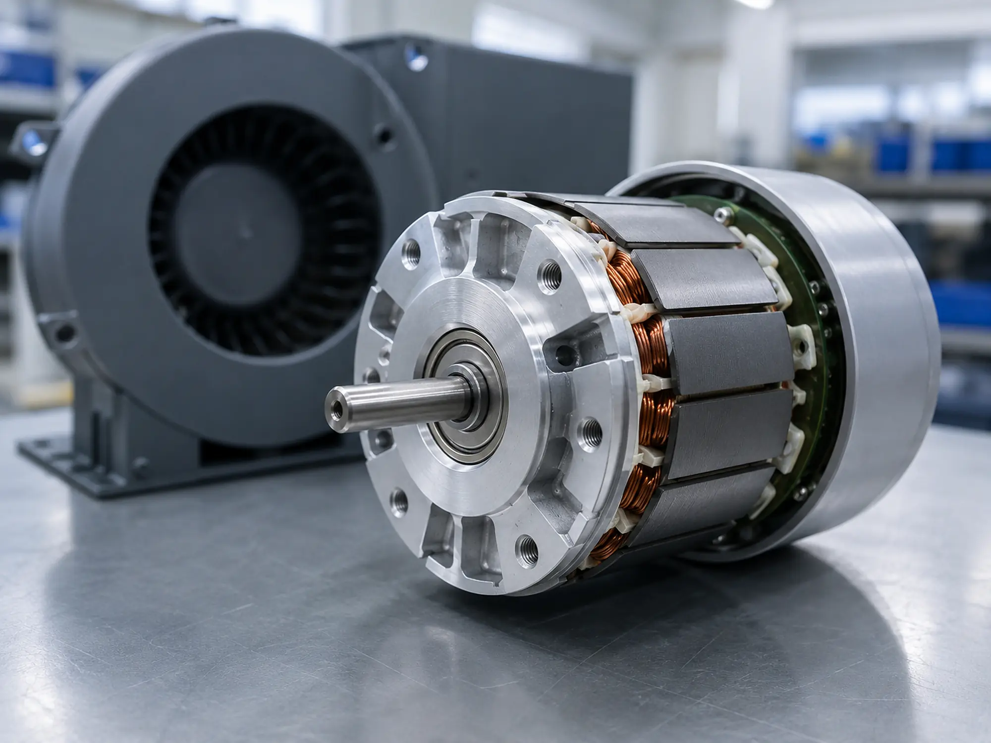 Compact electric motor assembly with a visible shaft bearing