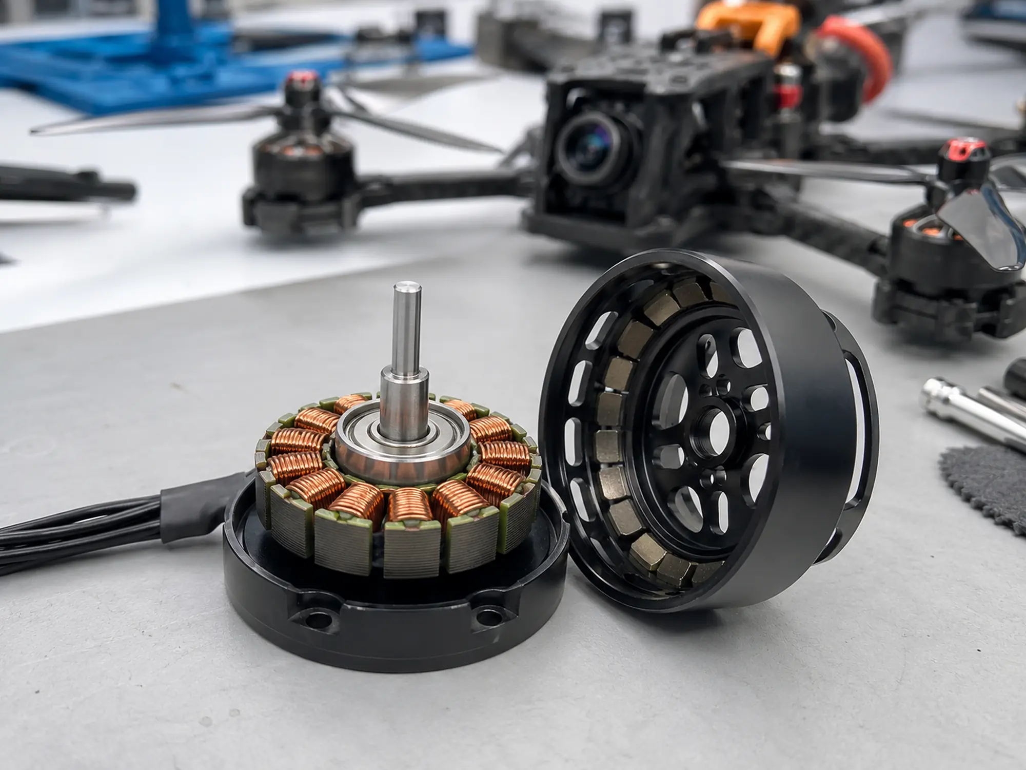 Disassembled FPV drone motor showing the stator, rotor and shaft bearing