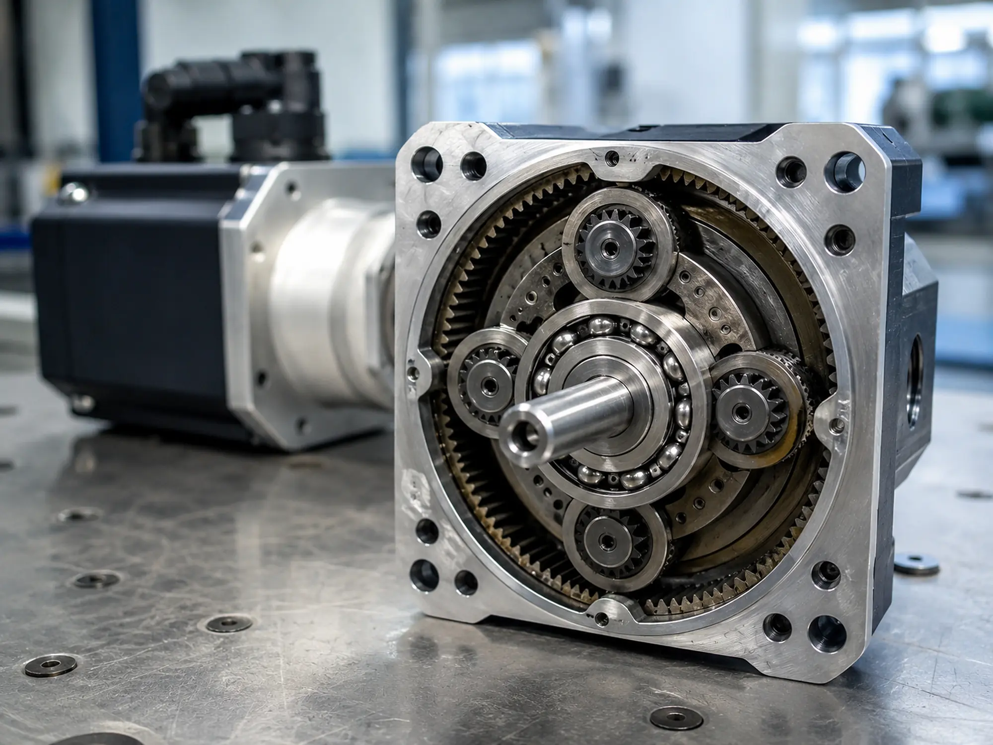 Open planetary gearbox showing gears, output shaft and ball bearing