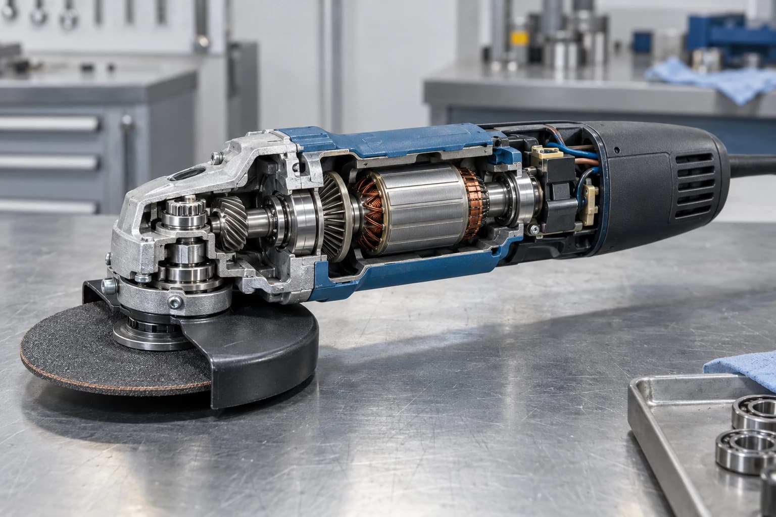 Angle grinder cutaway showing motor shaft, bevel gears and spindle bearings