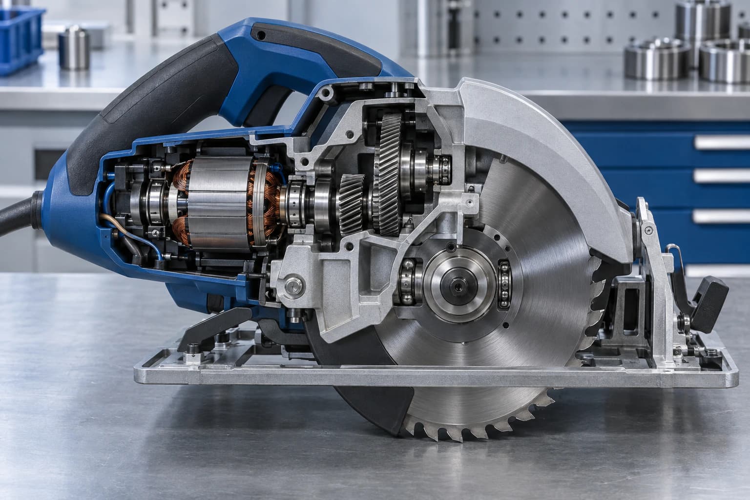 Circular saw cutaway showing motor, reduction gears and blade spindle bearings