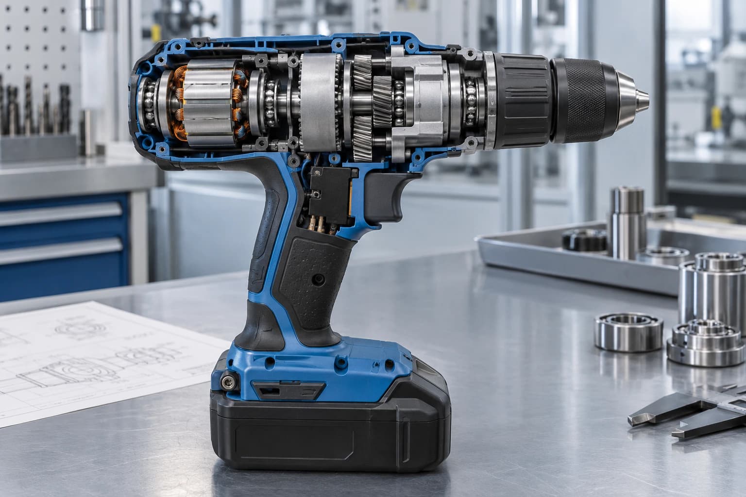 Cordless drill cutaway showing motor, gearbox and output spindle bearing positions