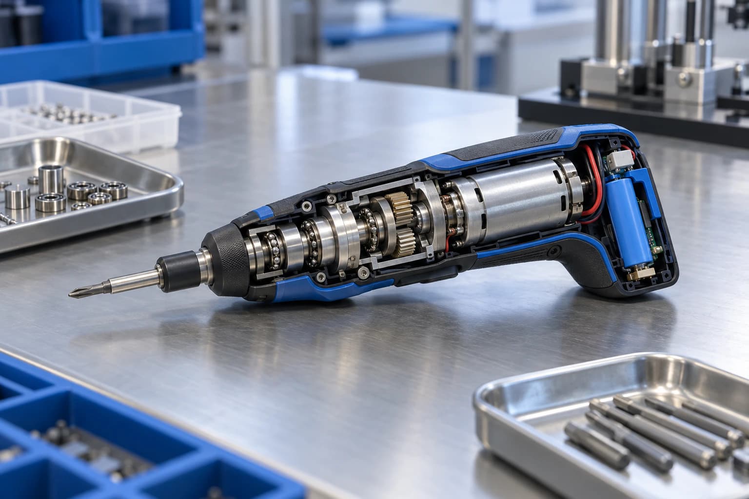 Compact electric screwdriver cutaway showing miniature motor and gearbox bearings