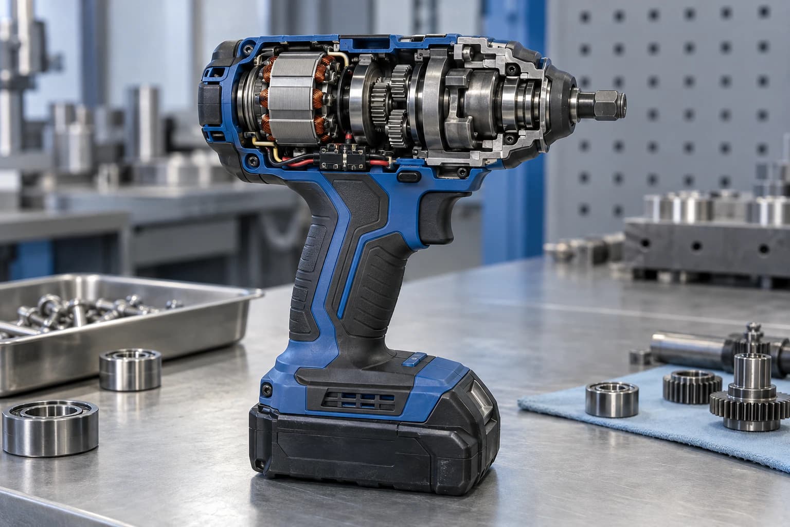 Impact driver cutaway showing motor bearings, impact mechanism and output support