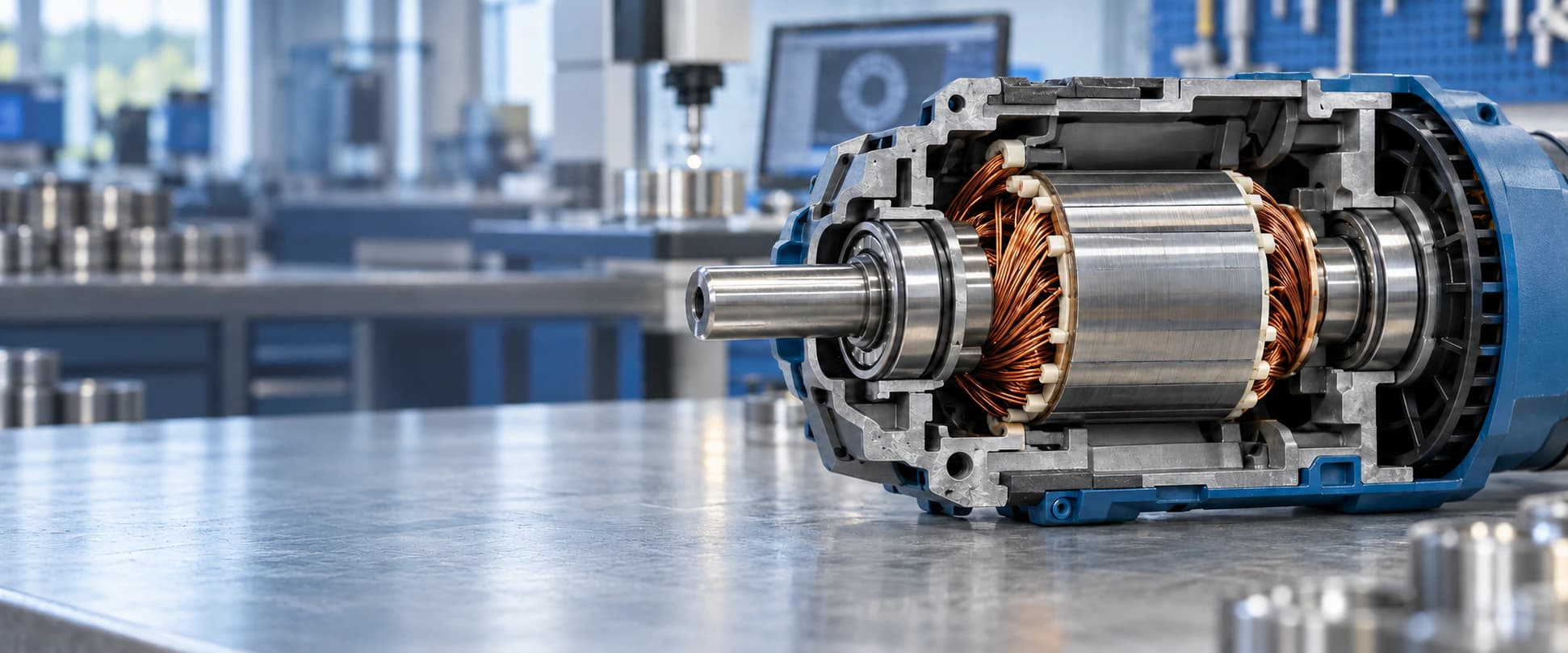 Cutaway power tool motor showing installed shaft bearings