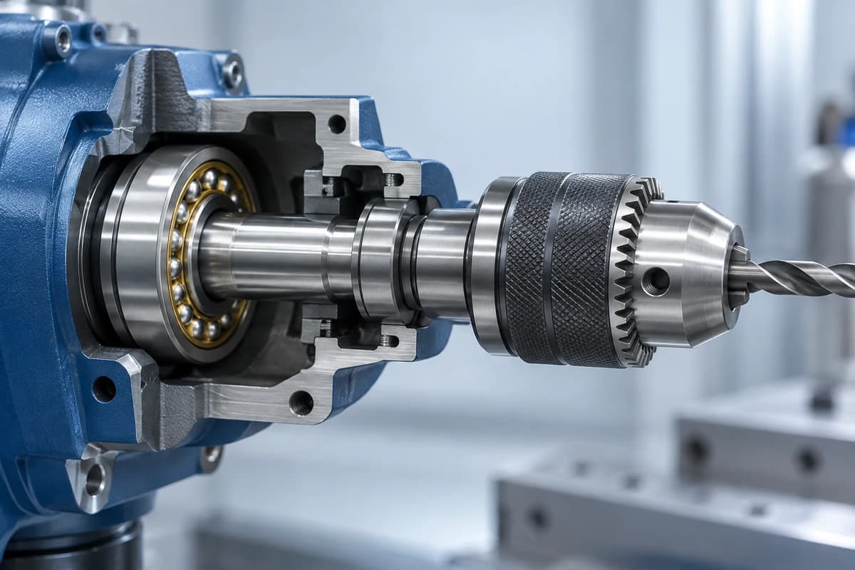 Power tool output spindle and drill chuck assembly with a visible bearing