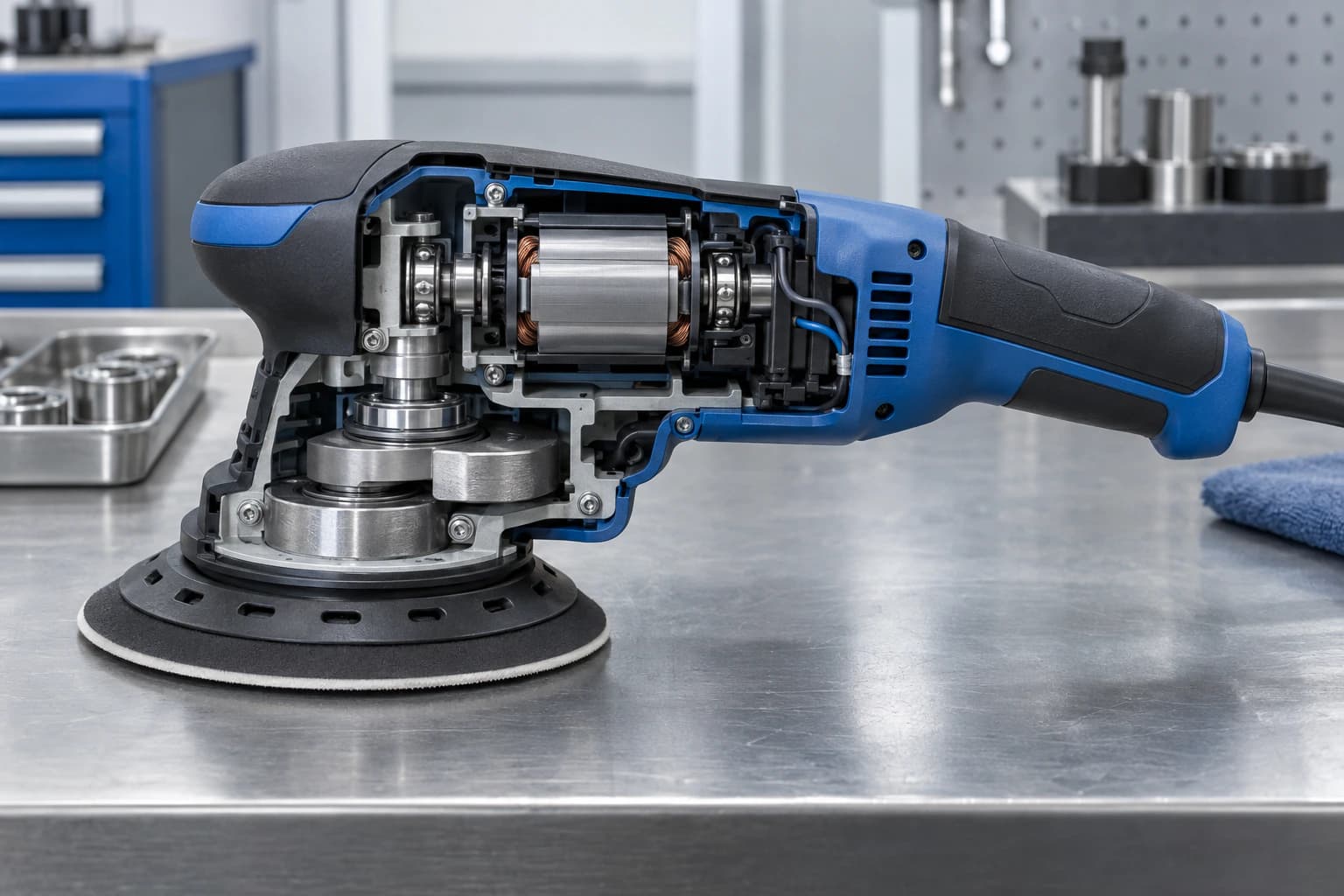 Sander and polisher cutaway showing motor, eccentric drive and output bearings