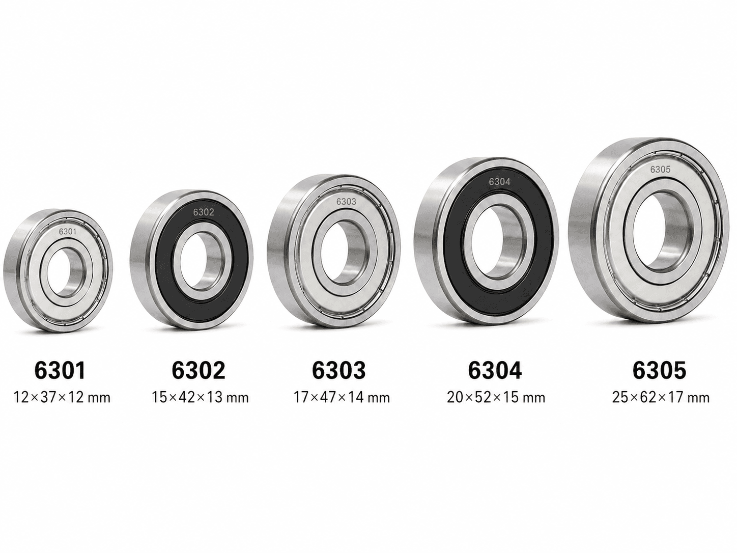 6300 Series deep groove ball bearings from 6301 to 6305 shown by size