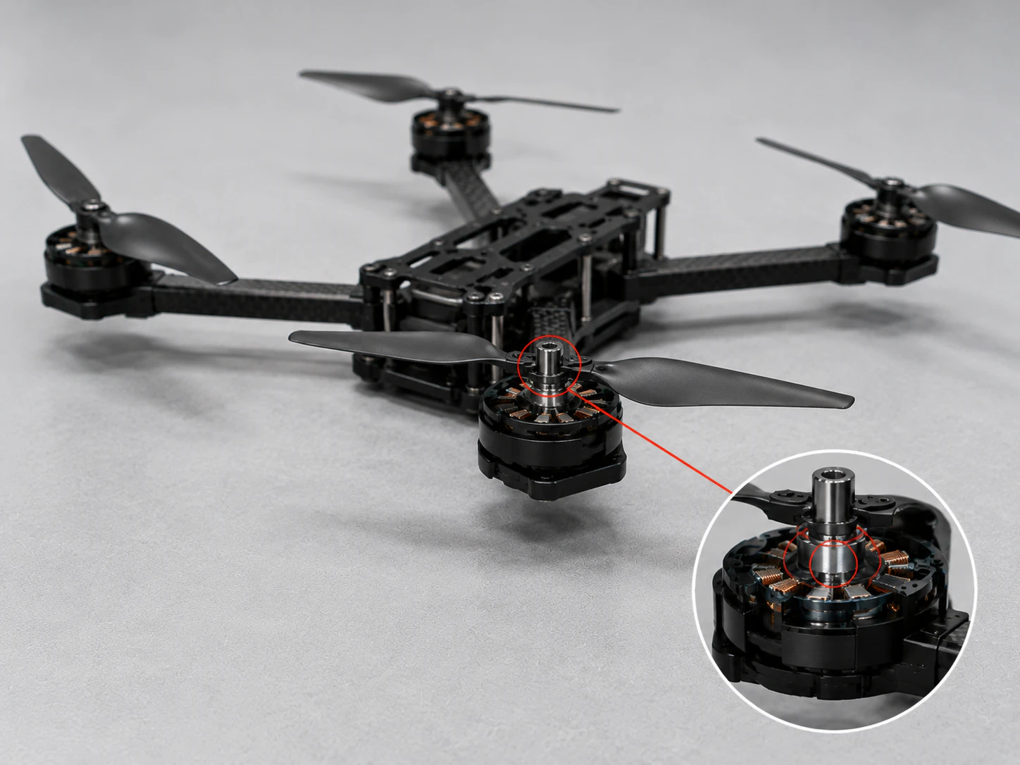 Disassembled FPV drone motor showing the stator, rotor and shaft bearing