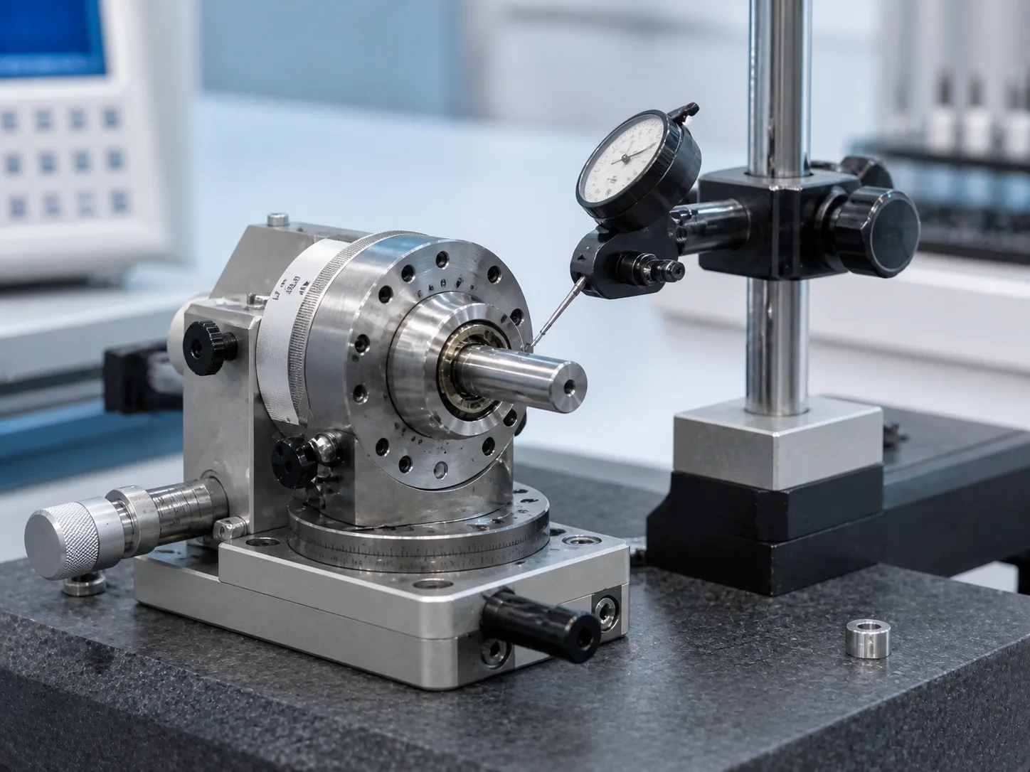Precision rotary stage and spindle undergoing runout measurement