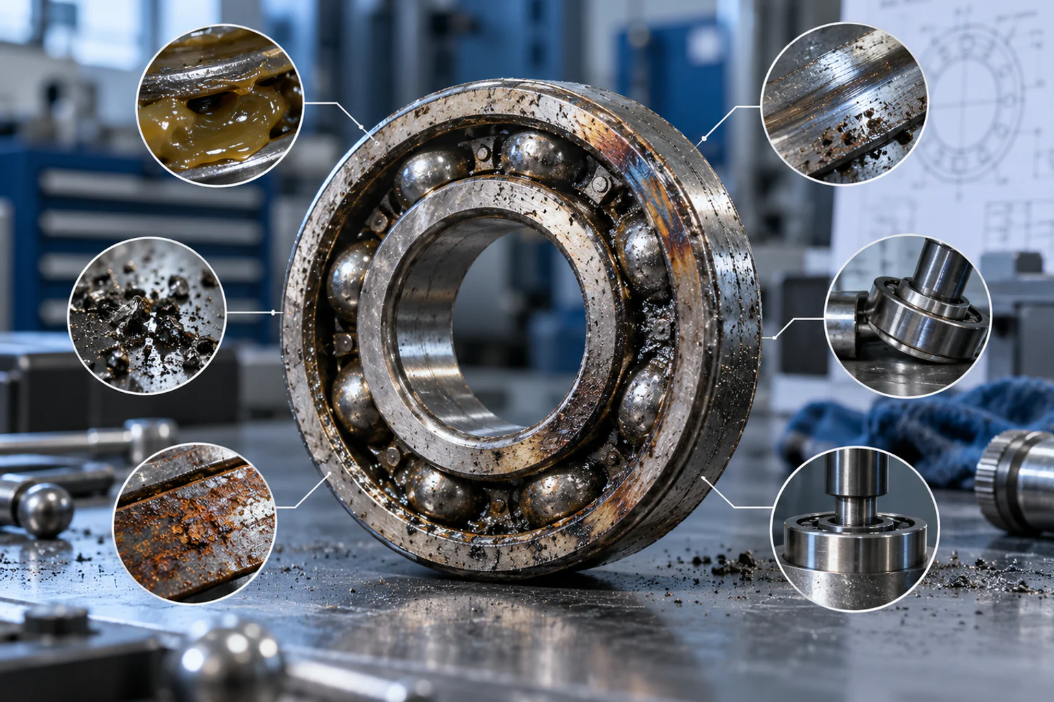 Common bearing failure causes including lubrication, contamination, corrosion, misalignment and installation damage