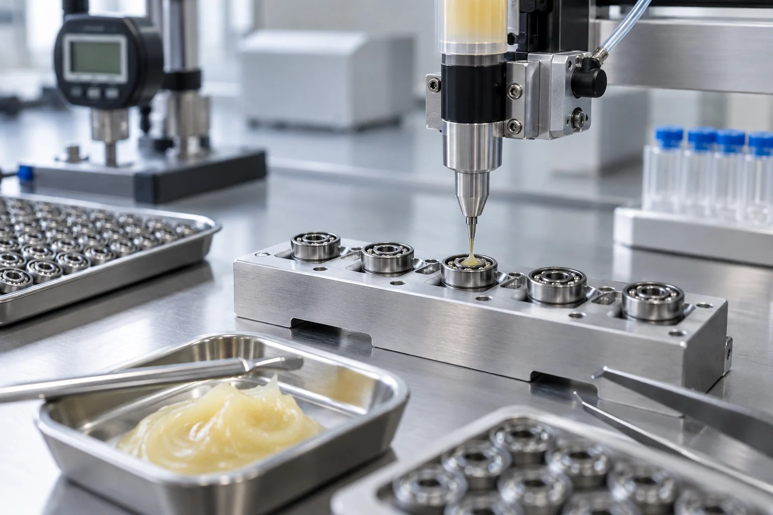 Controlled grease dosing into miniature bearings before torque validation