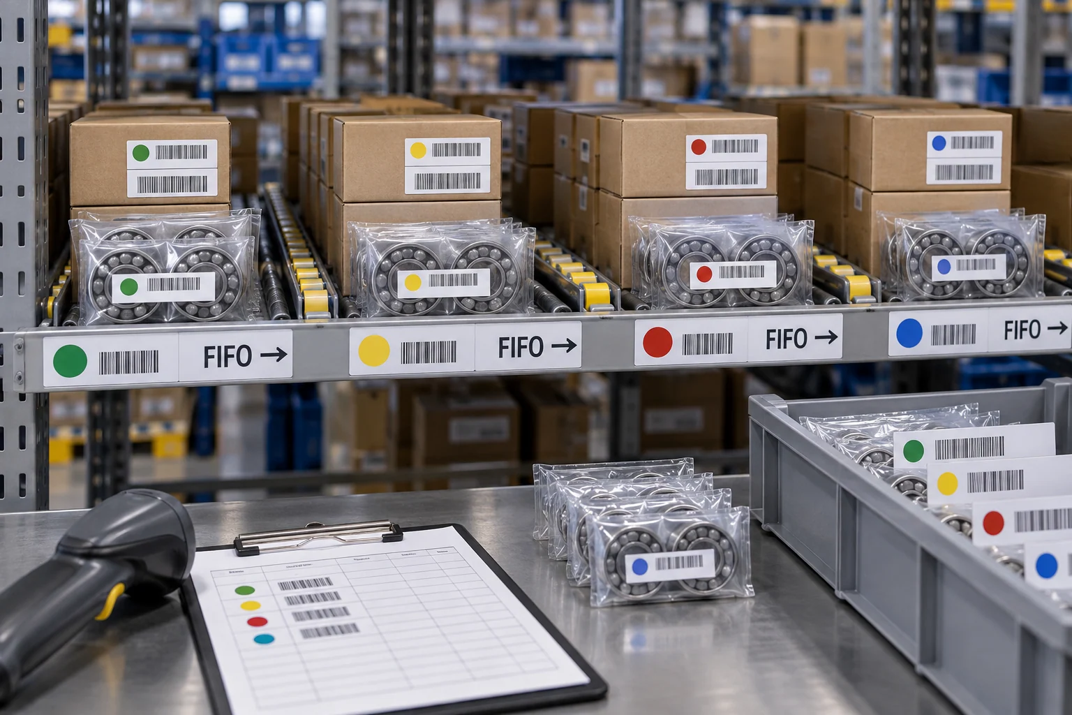 Packaged bearings organized by lot labels and FIFO inventory controls