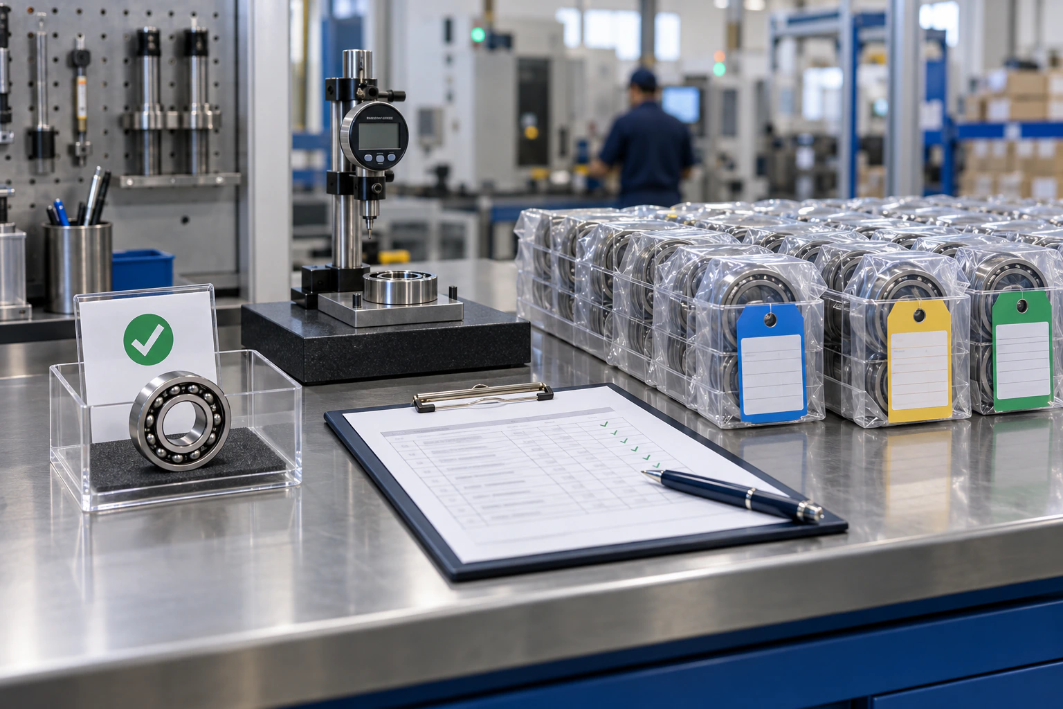 Approved bearing sample beside inspected and tagged first production lots