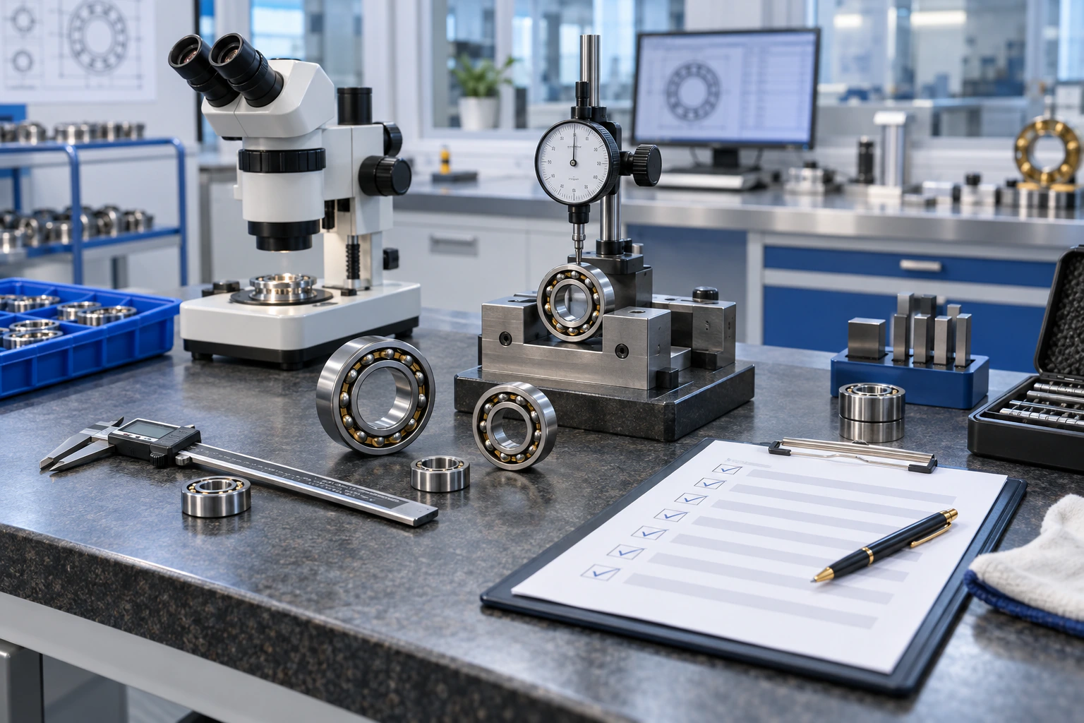 Bearing inspection bench with metrology tools, microscope and quality checklist