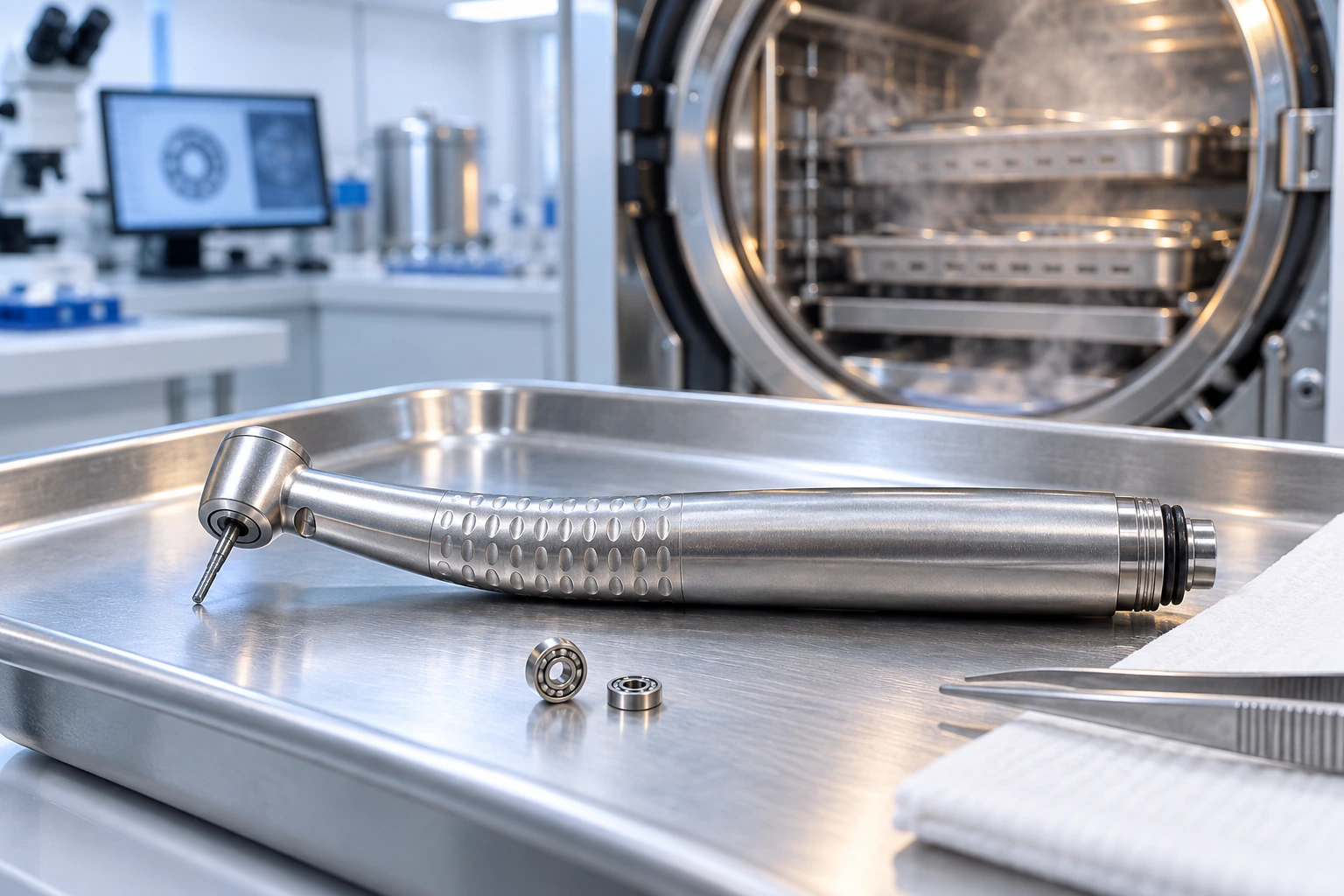 Dental turbine handpiece and miniature bearings beside sterilization equipment