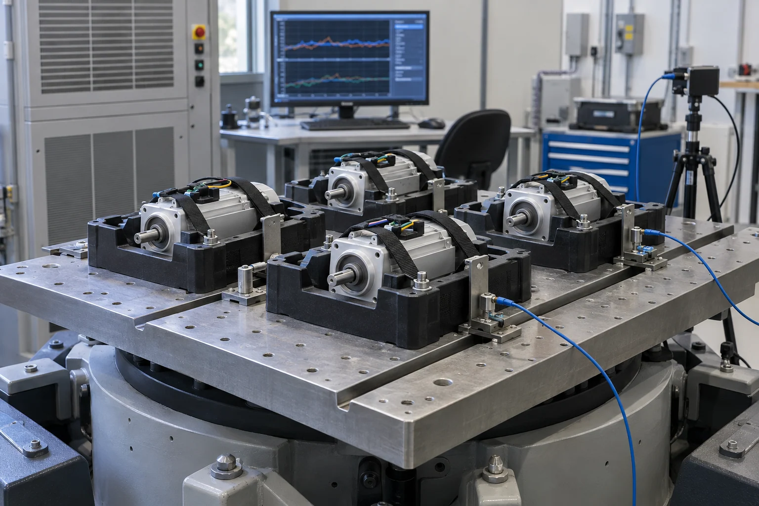 Small electric motors secured on a transport vibration validation table