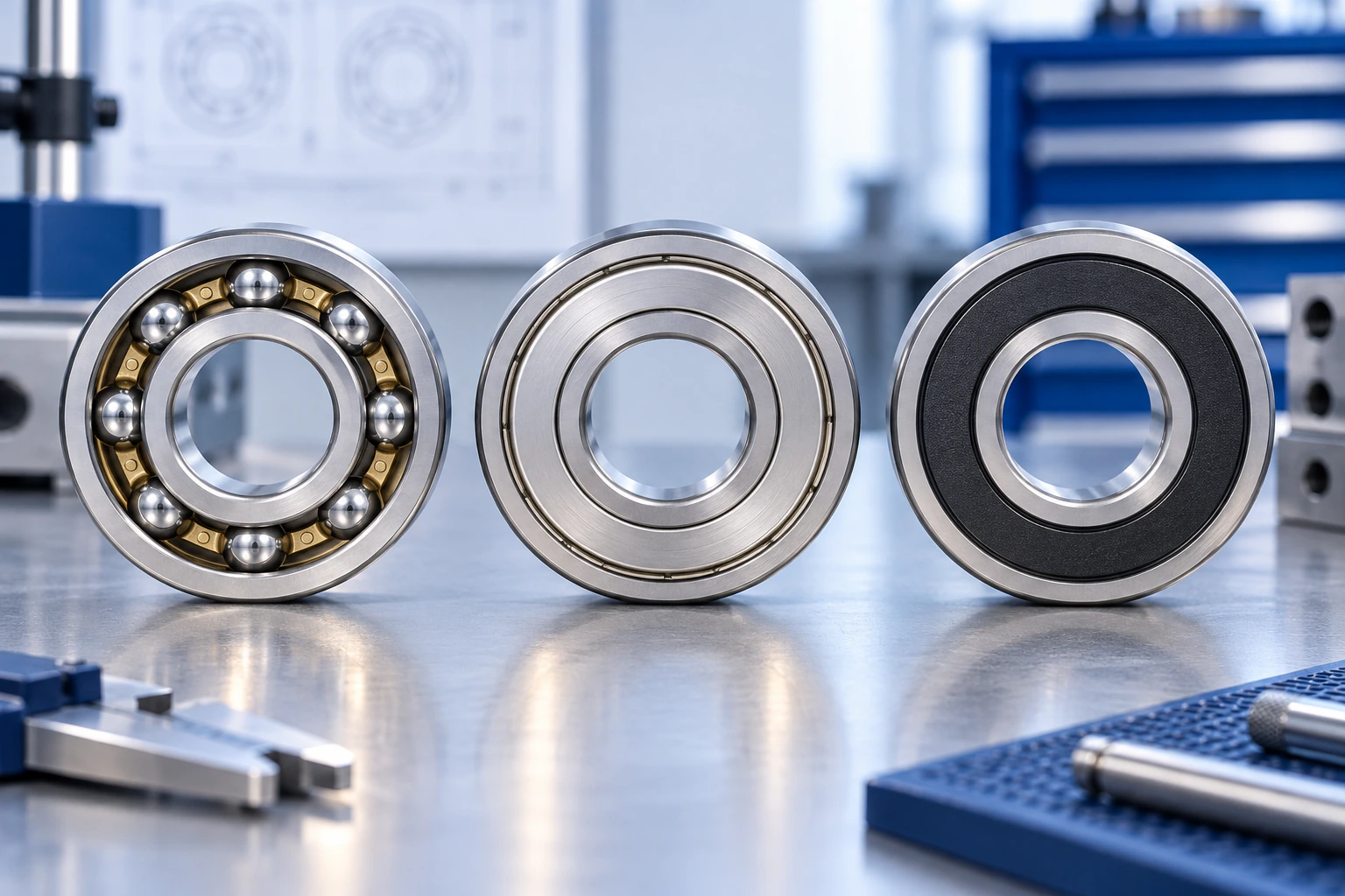 Open, ZZ metal-shielded and 2RS rubber-sealed bearings shown side by side