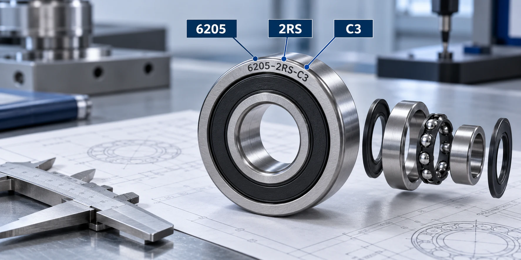 6205-2RS-C3 deep groove ball bearing designation showing the 6205 series, 2RS seals and C3 internal clearance