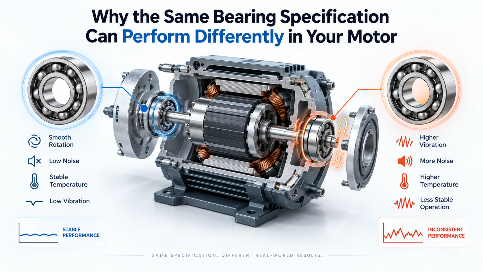 Same bearing specification showing different noise, vibration and temperature performance inside an electric motor