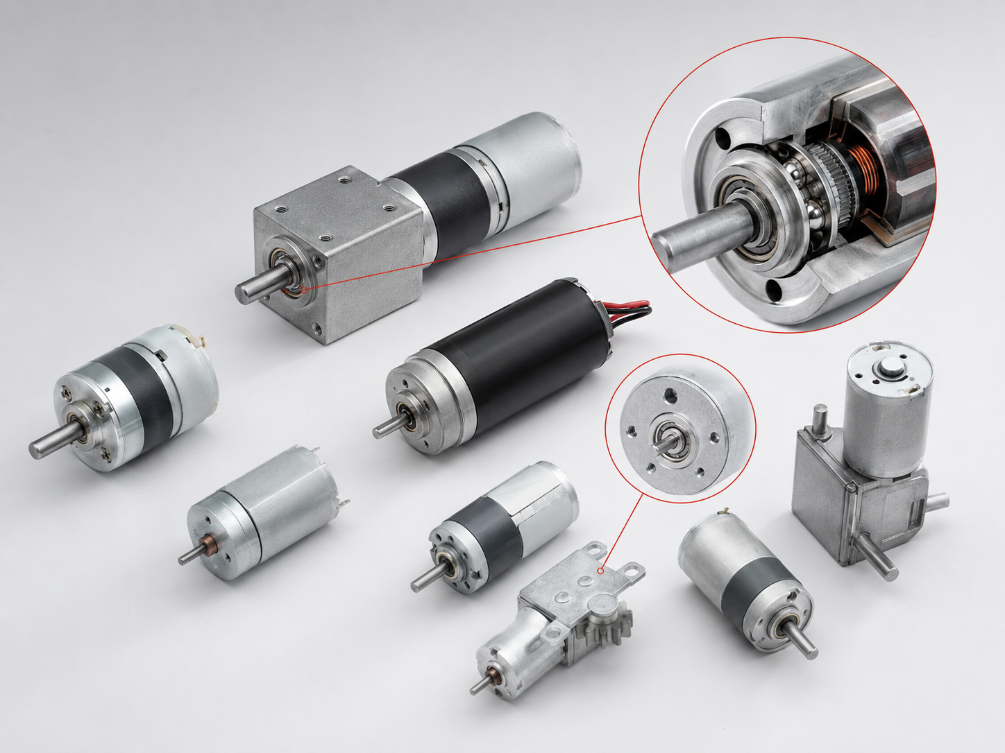 Electric and BLDC motor applications with highlighted shaft bearings and internal close-ups