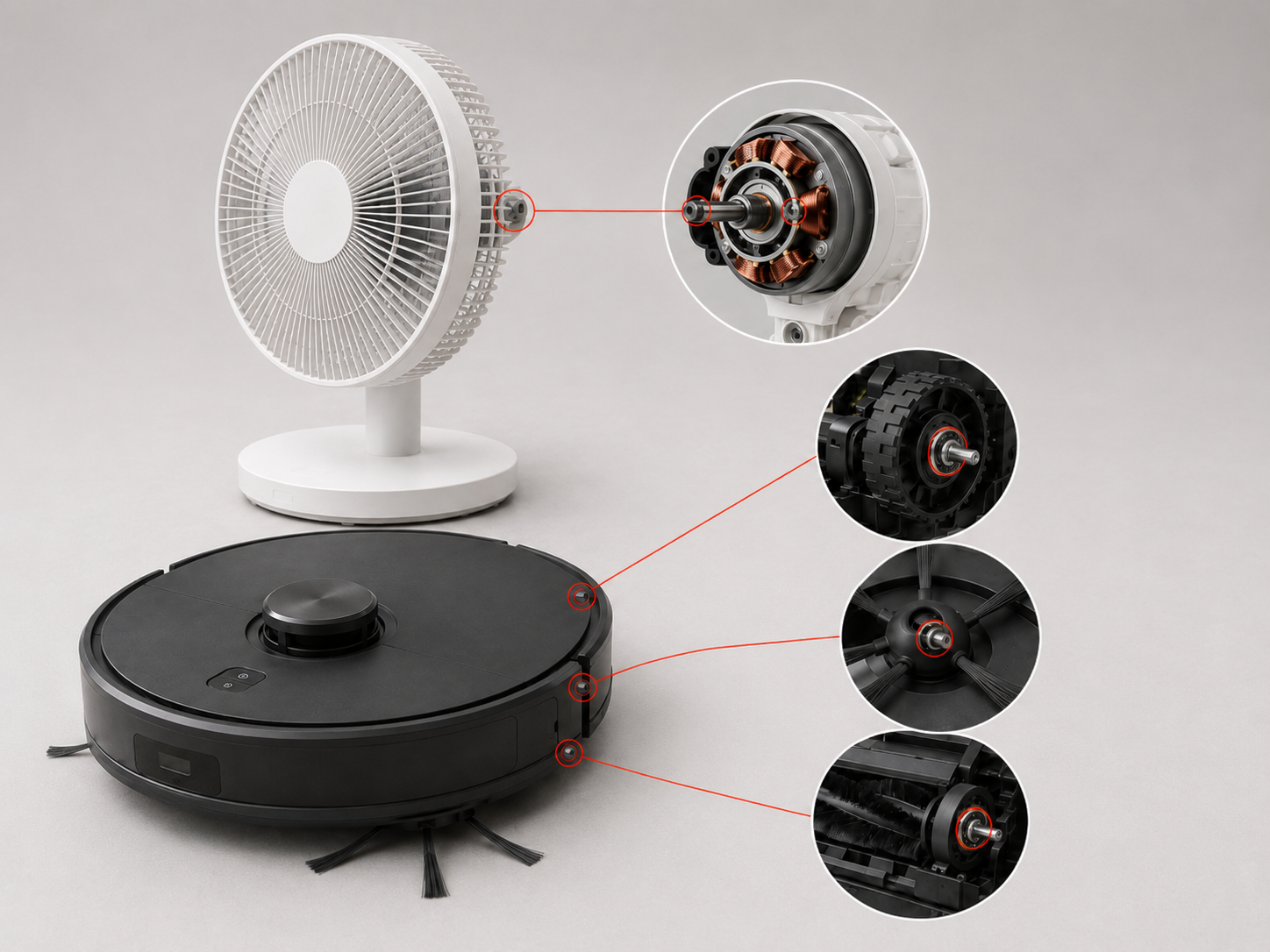 Electric fan and robot vacuum with motor, wheel and brush bearing close-ups