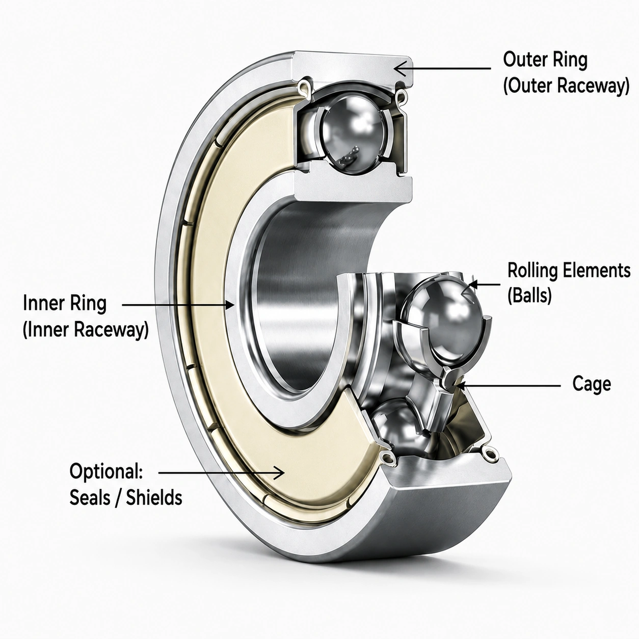 Miniature ball bearing structure showing rings, balls, cage and closure